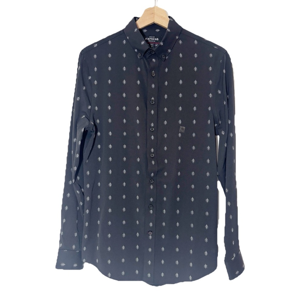 NWT Express Long Sleeve Button Down Print Black Sz XS